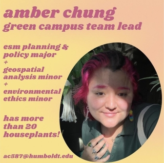 An image reading &amp;quot;amber chung&amp;quot;, &amp;quot;green campus team lead&amp;quot; on a yellow and pink background, with a pho