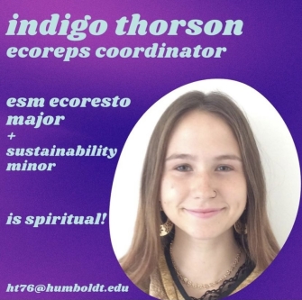 An image reading &amp;quot;indigo thorson&amp;quot;, &amp;quot;ecoreps coordinator&amp;quot; on a purple and pink background, with a pho