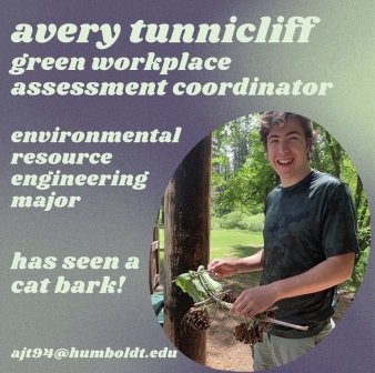 An image reading &amp;quot;avery tunnicliff&amp;quot;, &amp;quot;green workplace assessment coordinator&amp;quot; on a green and purple 