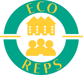 Green Circle with EcoReps title with a yellow housing emoji and 3 people together representing residence community  