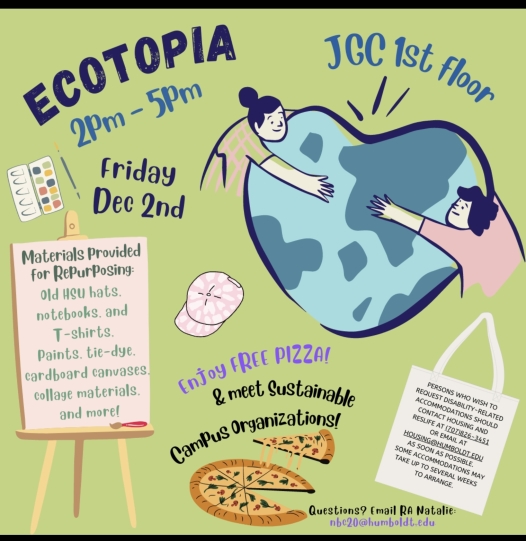 EcoTopia flyer displayed with time, date, location, materials provided, and accommodation request. Image of two people hugging a heart shaped world, painting canvas with event information, and a pizza image. 