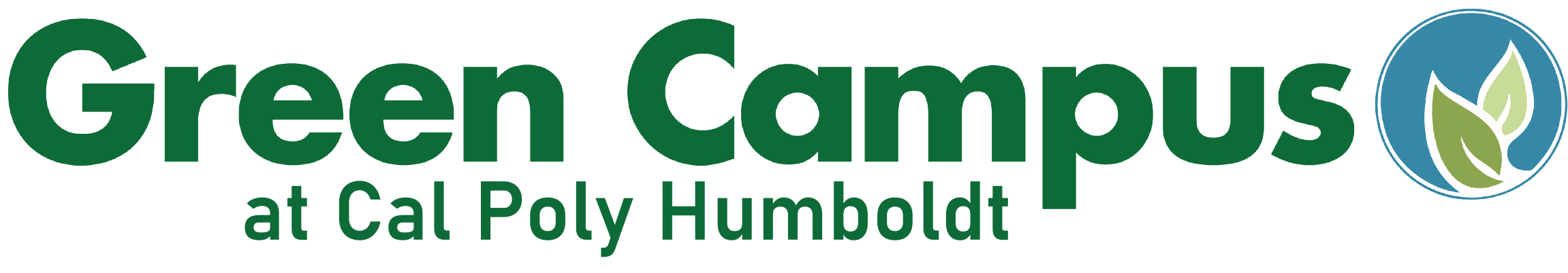 A rectangular image reading "Green Campus" in bolded, large, dark green letters with "at Cal Poly Humboldt" written below in dark green, smaller letters. A small, blue circle logo is to the right of the words and has two green leaves within it 